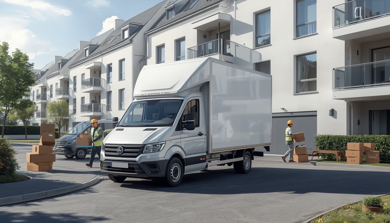 Moving van in front of a house, helpers carrying boxes